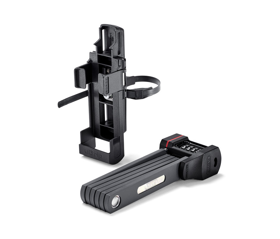 Egy ABUS kerékpárzár, összehajtható, számzáras, valamint egy kerékpártartó.