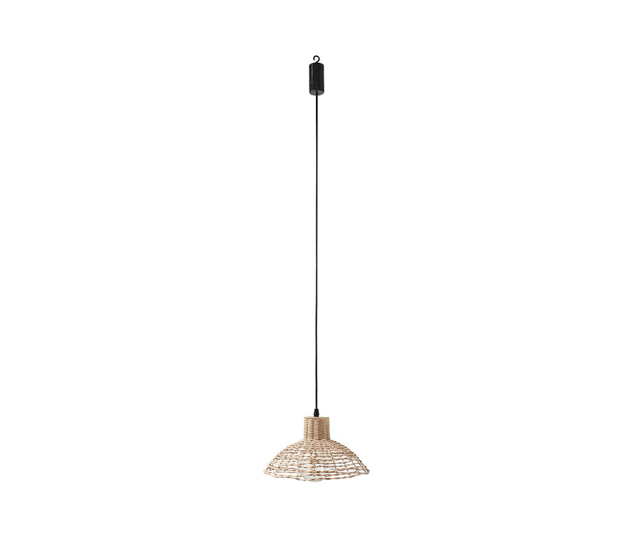 Egy LED-es kültéri függőlámpa, rattan, akkus függ a mennyezetről.