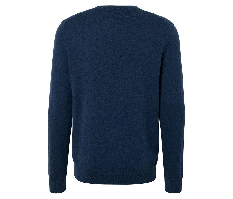 Hátulnézet egy sötétkék, hosszú ujjú pulóverről.