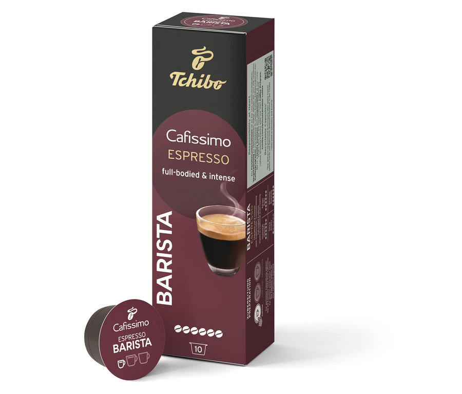 Egy csomag Cafissimo Barista Edition Espresso – 10 db kávékapszula és egy kapszula a csomag mellett.