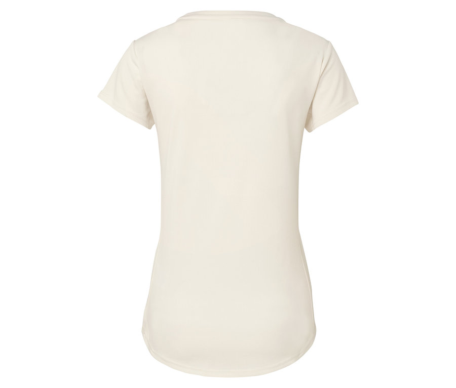 Hátulnézet egy krémszínű, rövid ujjú pólóról.