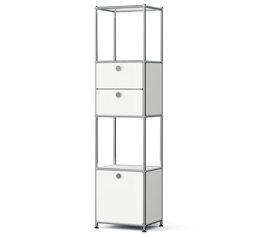 Egy fehér tároló polc két fiókkal és egy nyitott polccal.