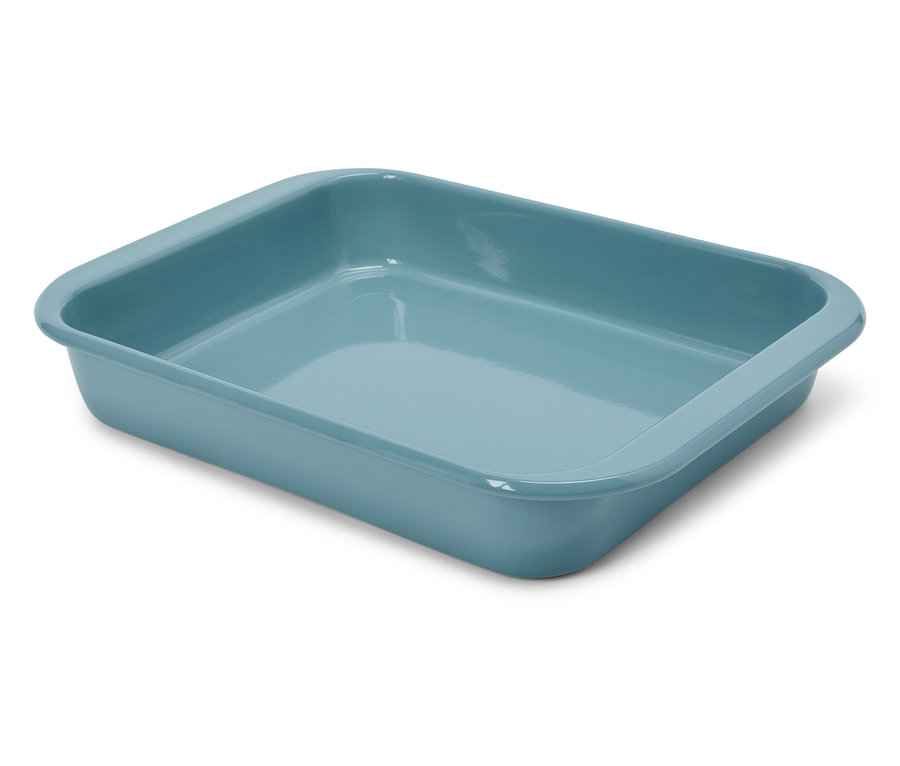 Egy világoskék, téglalap alakú tepszi.