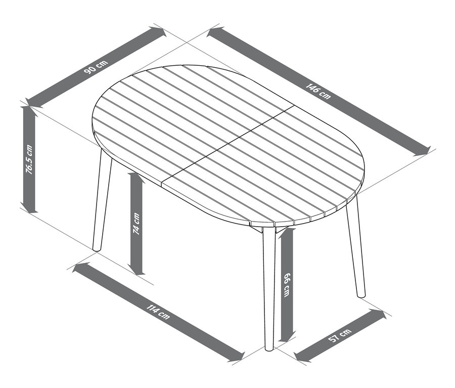 A kihúzható ovális asztal méretei nyilakkal vannak jelölve.
