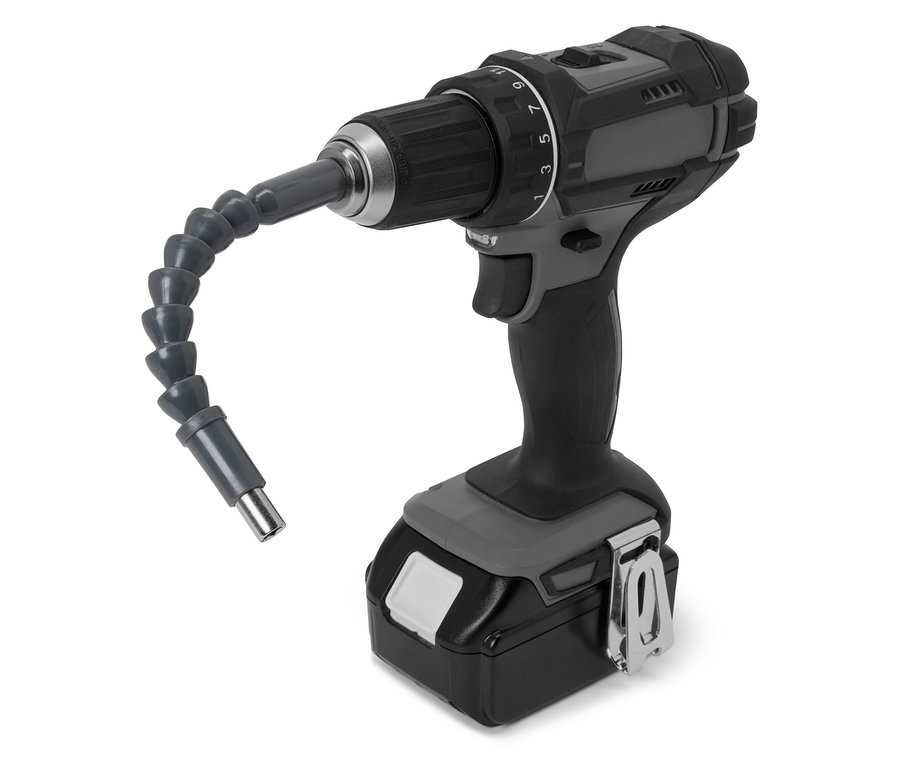 Egy szürke elektromos fúró részlete, rugalmas Flexible Bohrererweiterung toldalékkal.