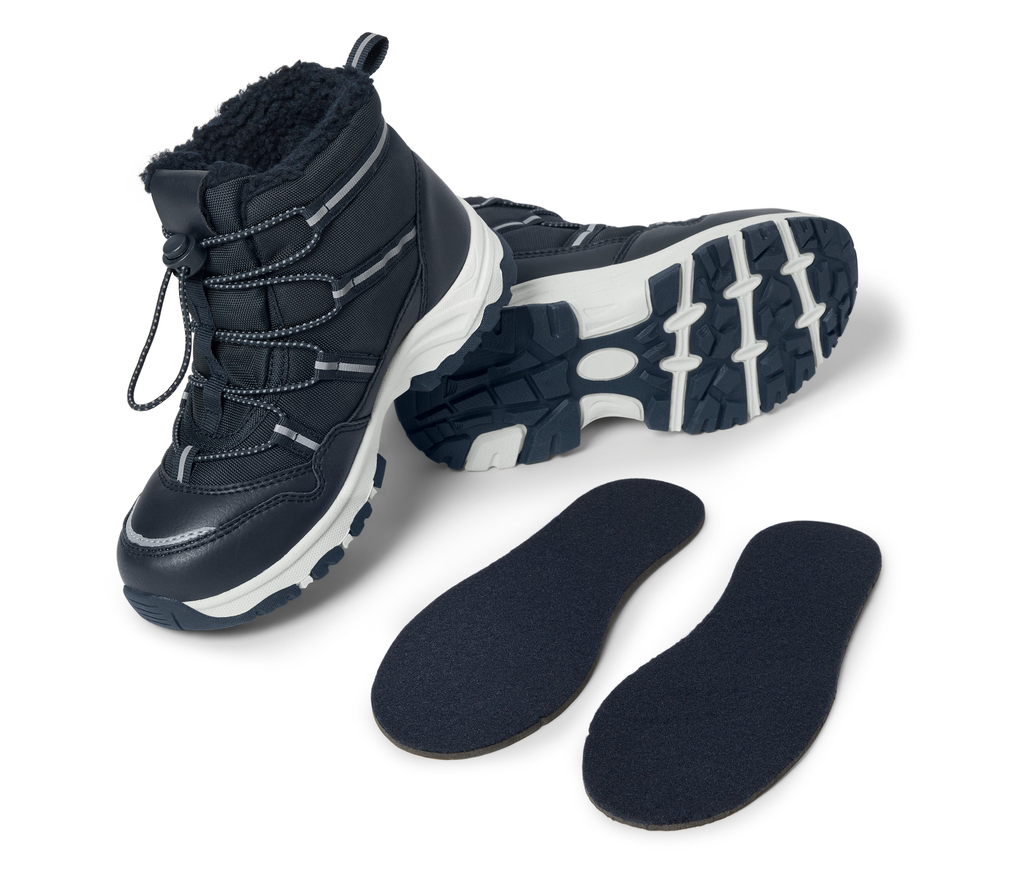Sötétkék téli csizma fehér talppal és két sötétkék cipőbetét.
