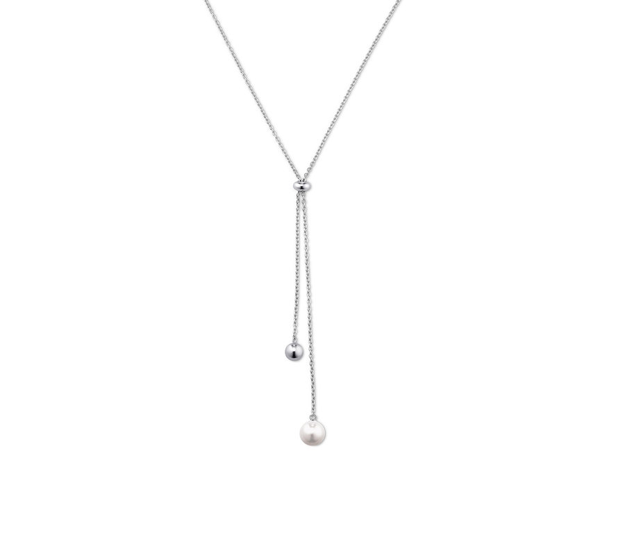 Női ezüst nyaklánc, hosszú kagylógyönggyel.