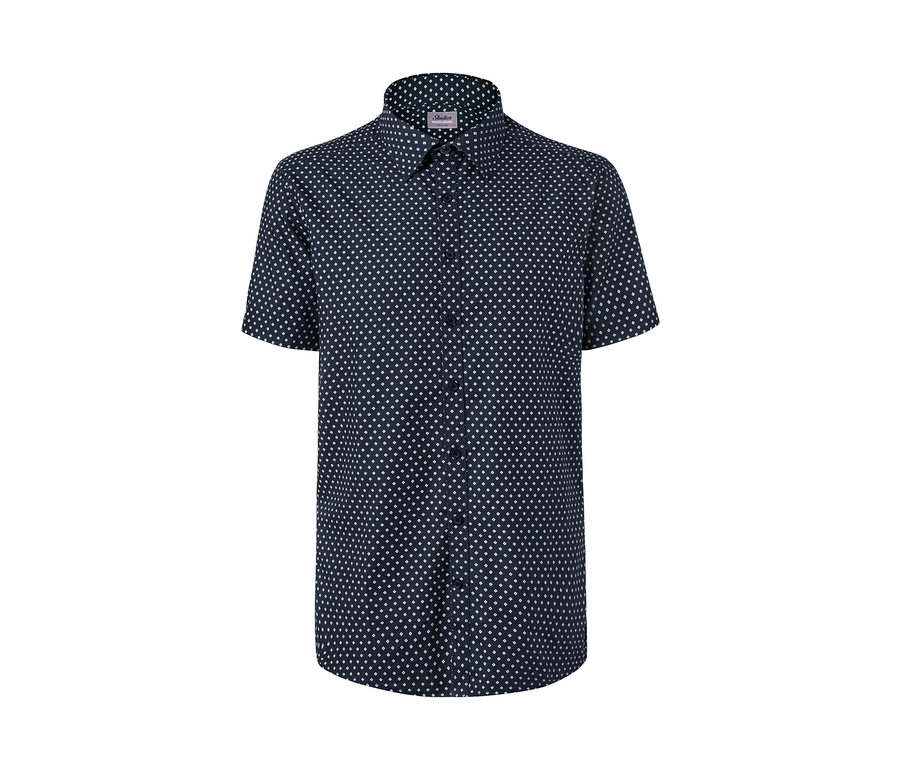 Sötétkék, rövid ujjú ing, fehér, geometrikus mintával.