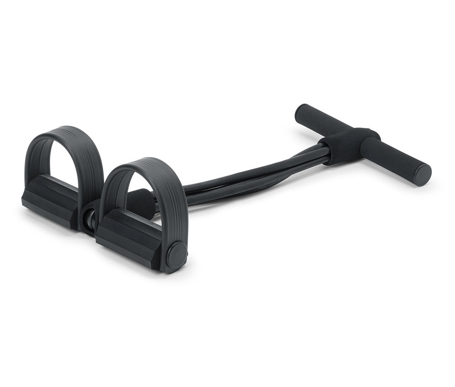 Fekete expander fogantyúval és két lábtartóval.