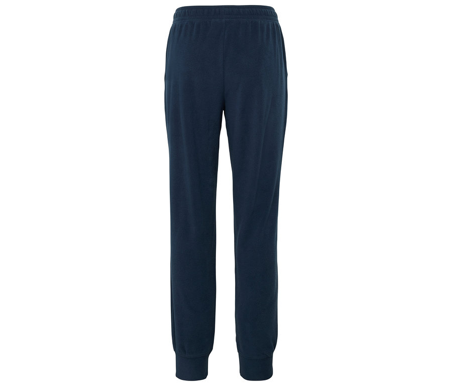 Sötétkék színű, gumis derekú és szárú szabadidő nadrág.