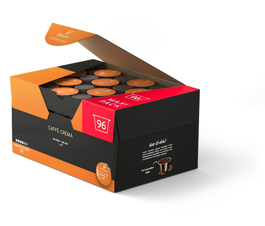 Egy nyitott csomag Cafissimo Caffè Crema, 96 kapszulával.