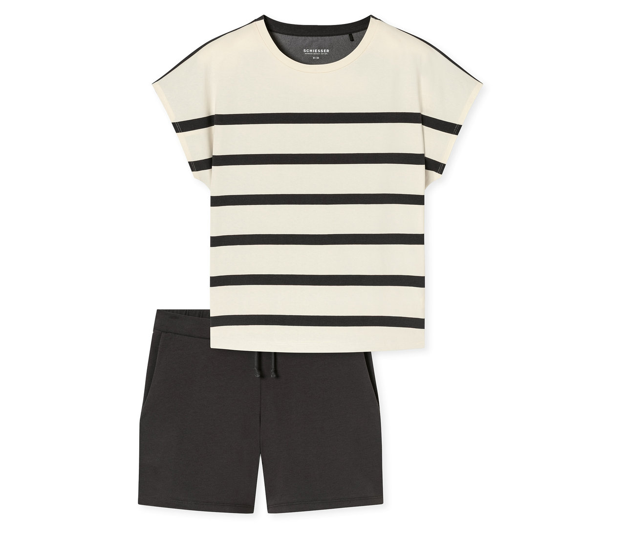 SCHIESSER rövidnadrágos pizsama, krémszínű, fekete csíkos pólóból és sötétszürke, húzózsinóros rövidnadrágból áll, laposan elrendezve.