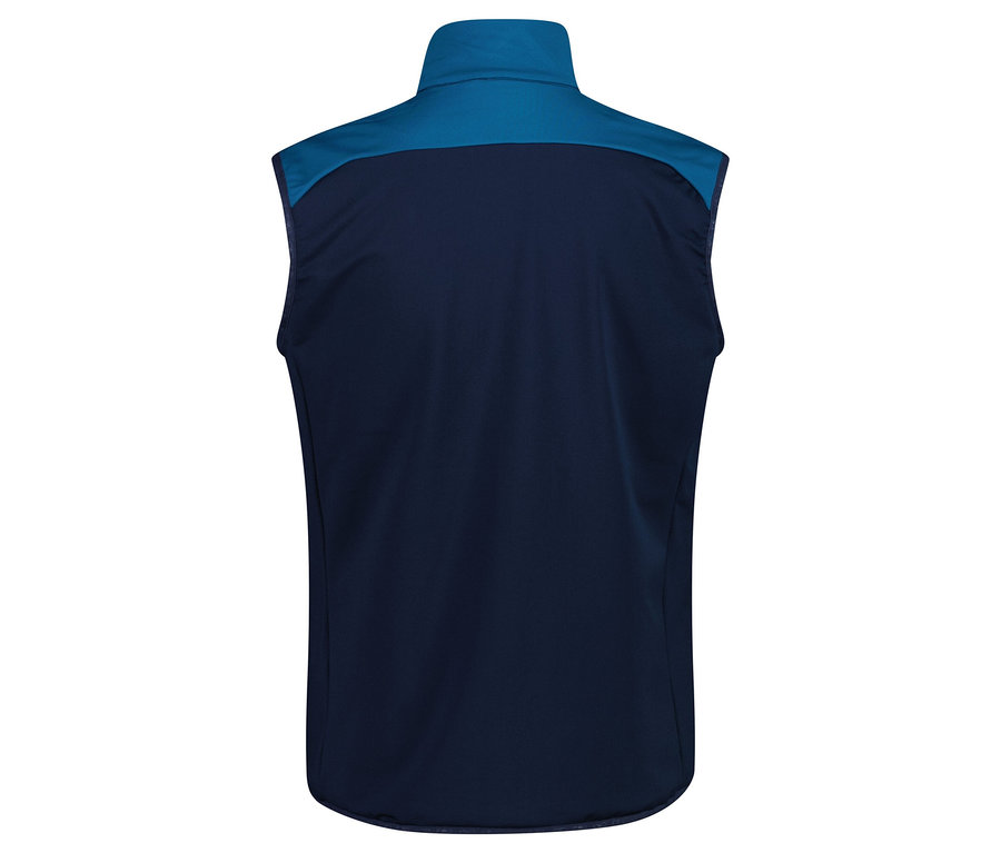 Hátulnézet egy ujjatlan, sötétkék mellényről kék gallérral.