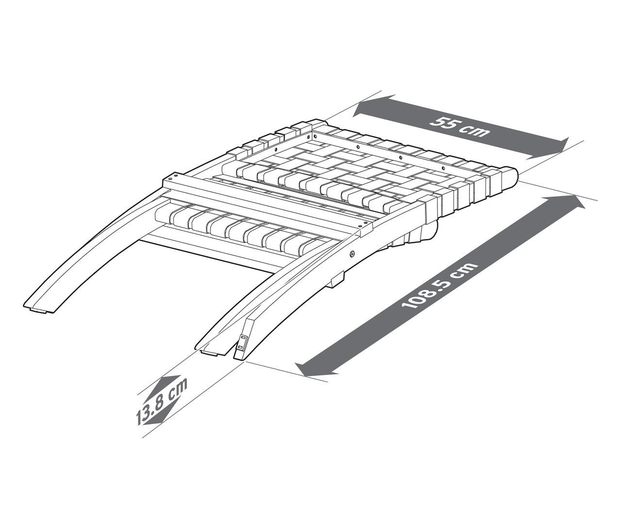 Felülnézet egy 55 cm-es, 108,5 cm-es és 13,8 cm-es méretű napozóágy vázlatáról.