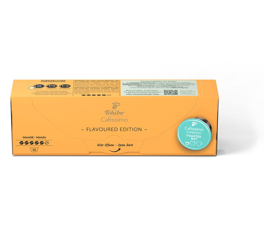 Egy csomag Cafissimo Flavoured Espresso - Toasted Nut - 10 kapszula látható.