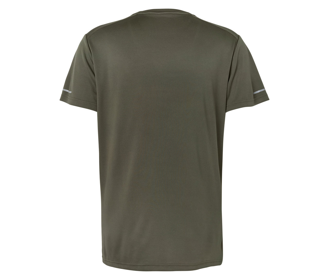 Egy olívazöld, rövid ujjú póló hátuljának közeli képe, fényvisszaverő csíkokkal.