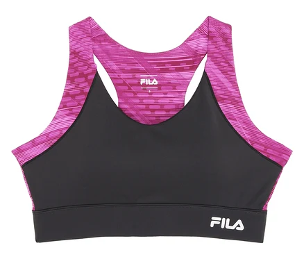 A FILA női sportmelltartó fekete, rózsaszín mintás pántokkal és FILA logóval az alsó pánton.