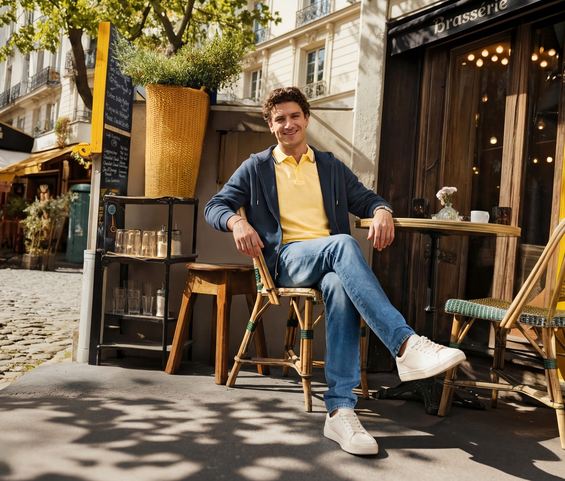 Egy férfi ül egy kávézó előtt, farmerben, sárga piké pólóban és sötétkék kapucnis dzsekiben.