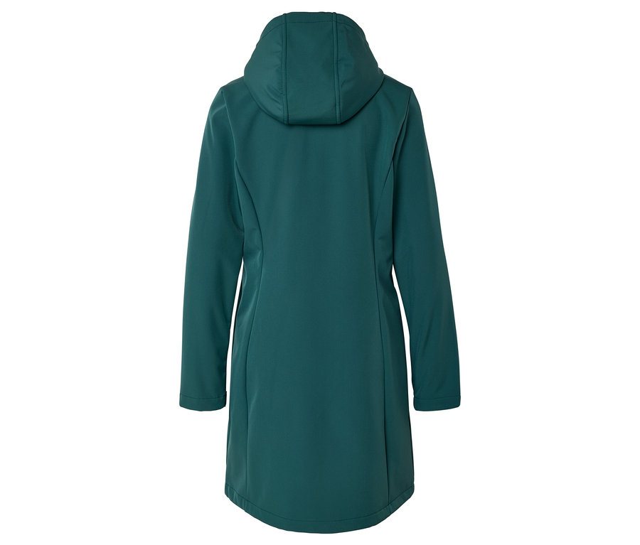 Smaragdzöld, kapucnis softshell kabát hátulnézete.