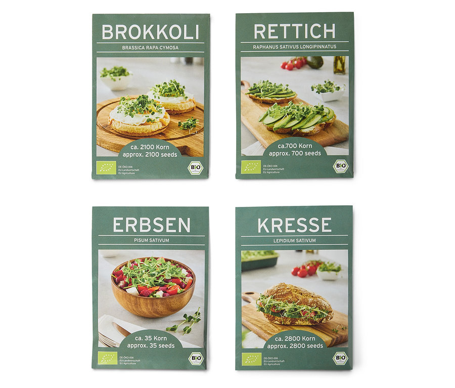 Kép négy magcsomagolásról brokkoli, retek, borsó és zsázsa fotókkal.