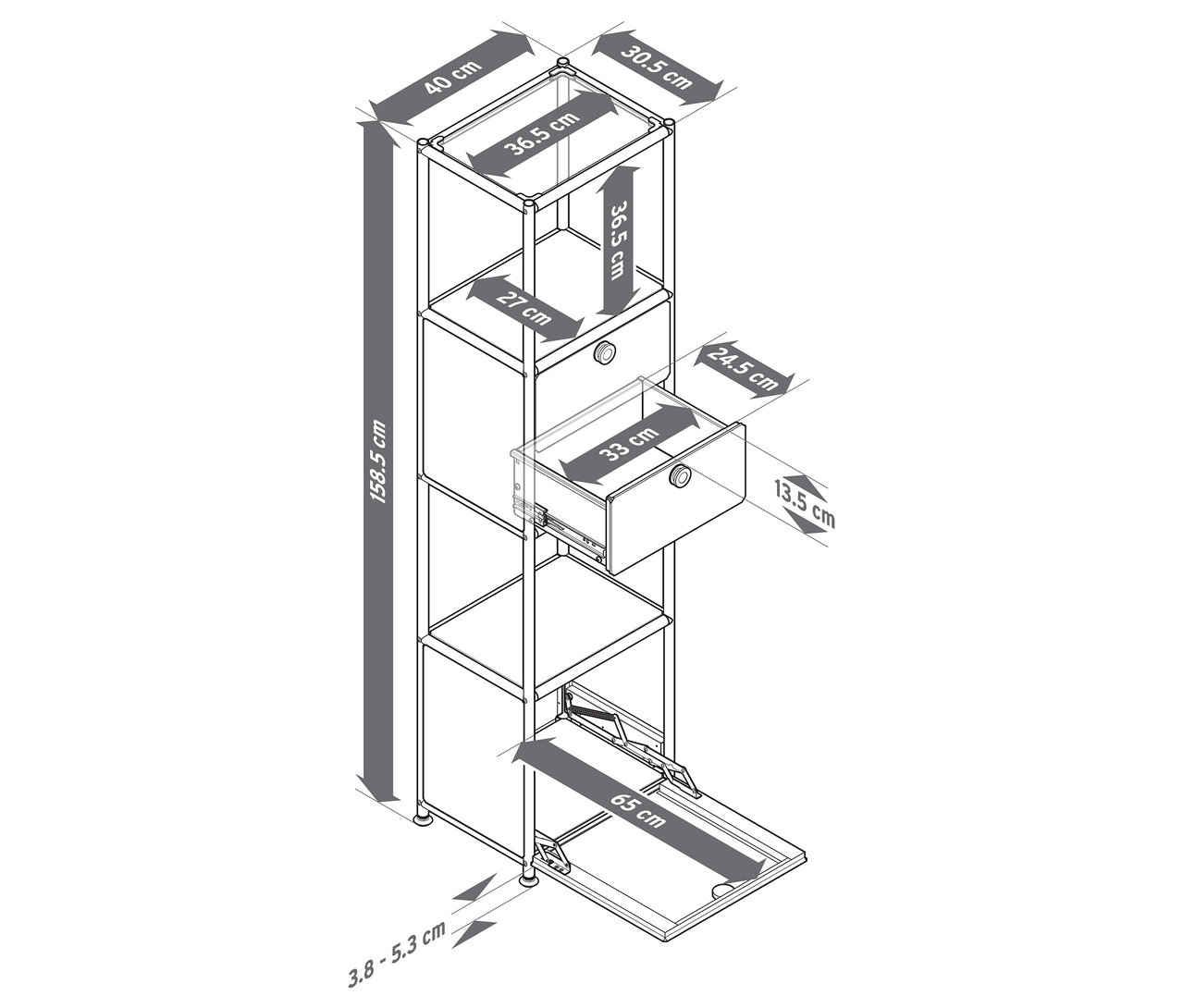 Felülnézet egy »CN3 Slim Line« fém polcról, két áthelyezhető fiókkal és egy áthelyezhető lenyíló ajtóval, méretekkel.