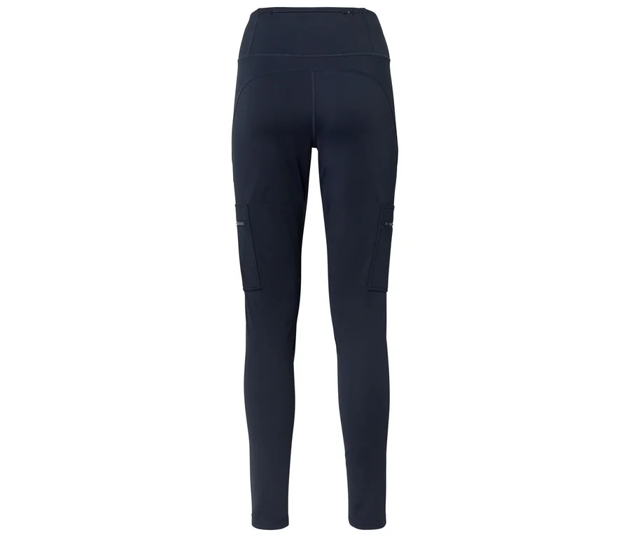 Sötétkék magas derekú leggings oldalsó cargo zsebekkel és egy cipzáras zsebbel a derékrészen.