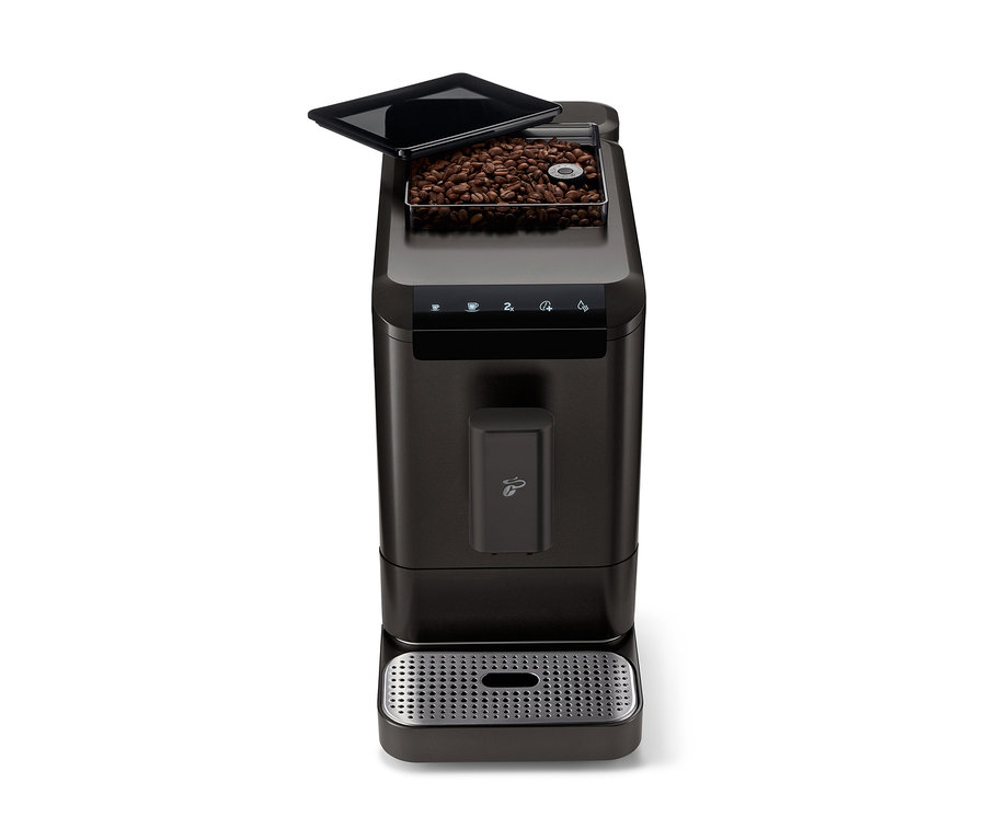 Elölnézet a »Esperto2 Caffè« automata kávéfőzőről Granite Black színben, nyitott kávébab tartállyal.