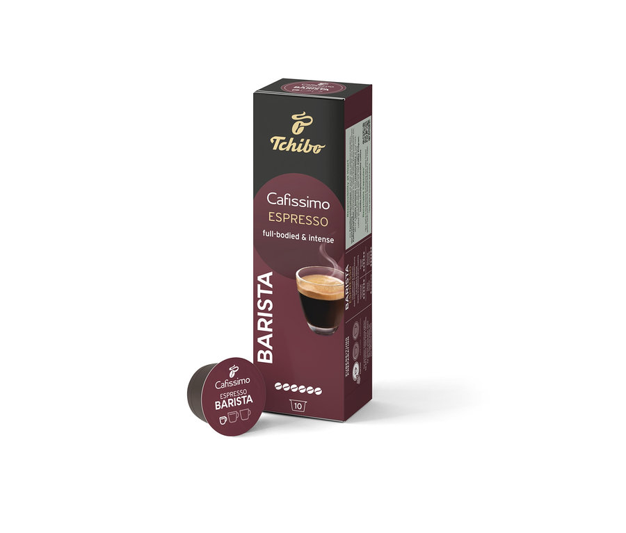 Egy csomag Cafissimo Barista Edition Espresso – 10 db kávékapszula és egy kapszula a csomag mellett.