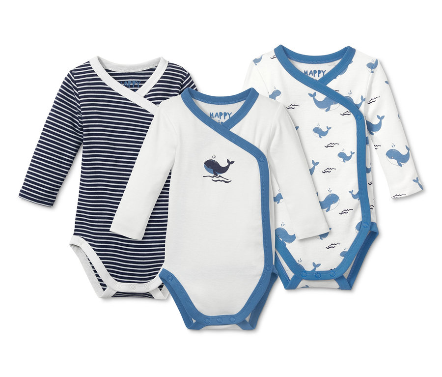 Három hosszú ujjú body: egy kék-fehér csíkos, kettő fehér kék szegéllyel és bálna mintával.