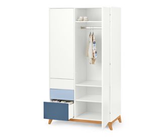 Fehér korpusz<br>1x fehér, 1x kék, 1x sötétkék fiók<br>Natúr színű tölgy tartószerkezet