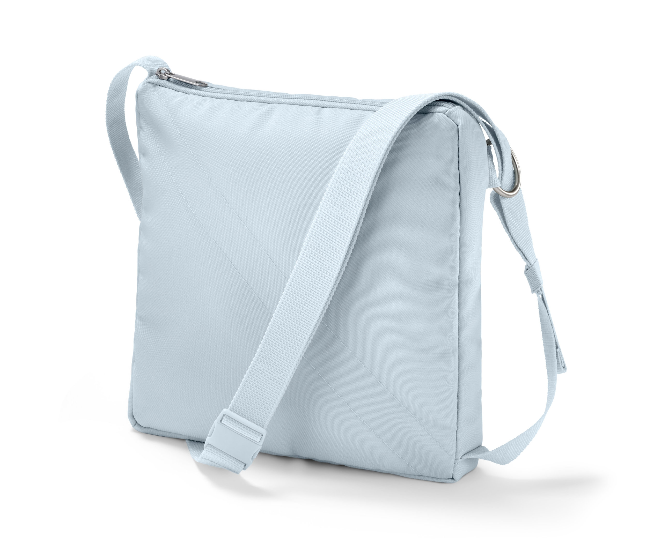 Világoskék 2 az 1-ben válltáska ezüst cipzárral.