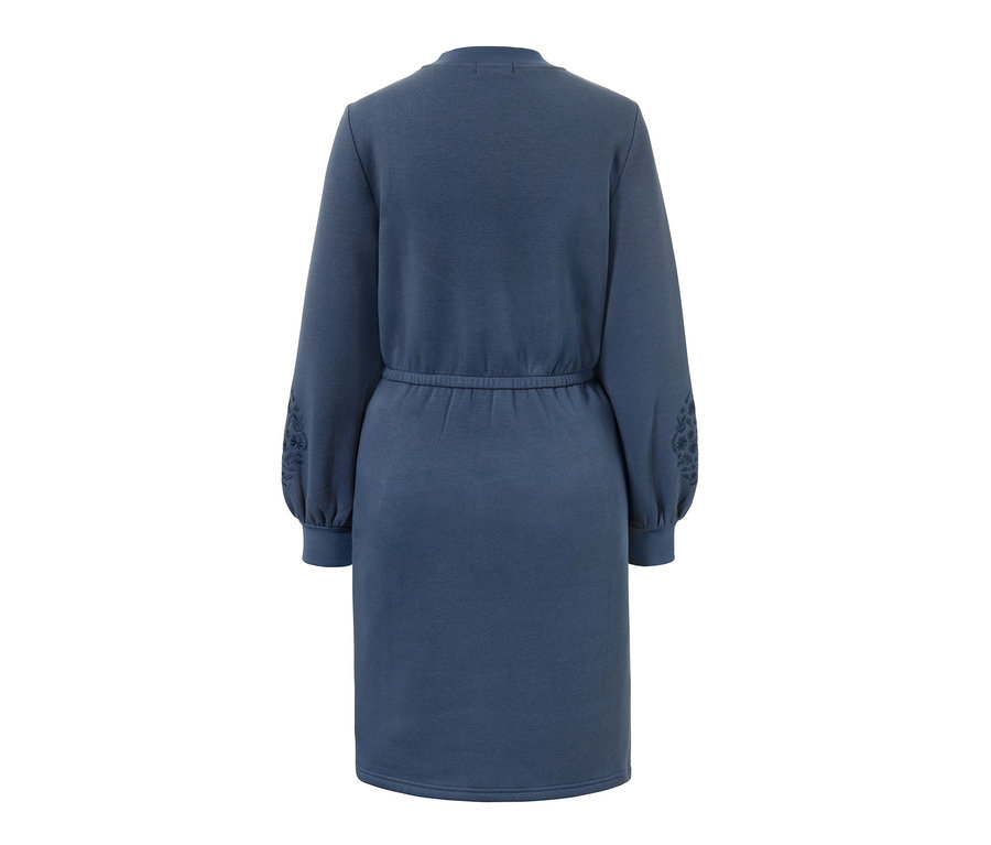 Kék, hosszú ujjú, virágmintás hímzéssel díszített kismama- és szoptatós lezser ruha.