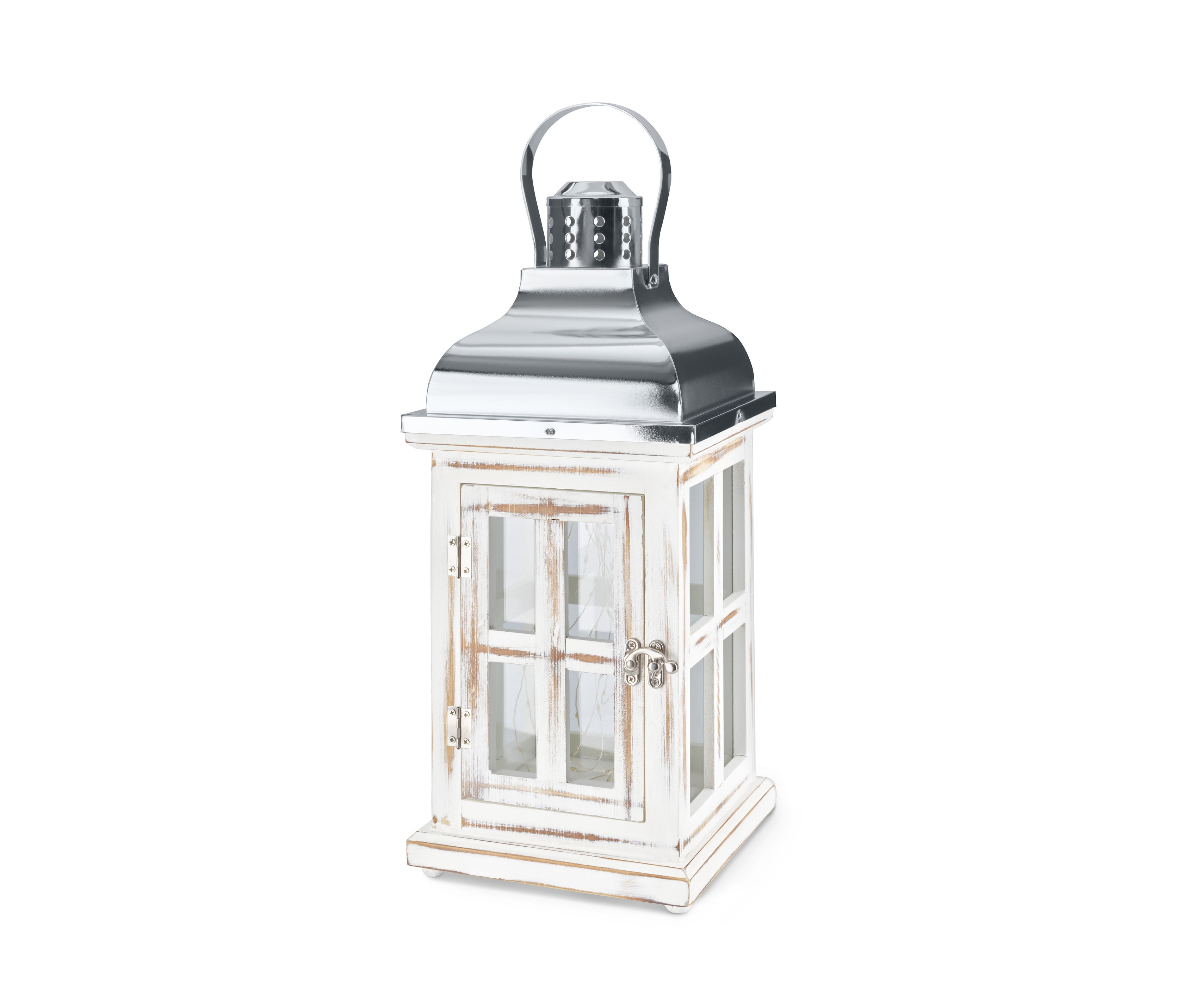 Egy kis méretű, fehér fából készült LED-es lámpás ezüst tetővel.