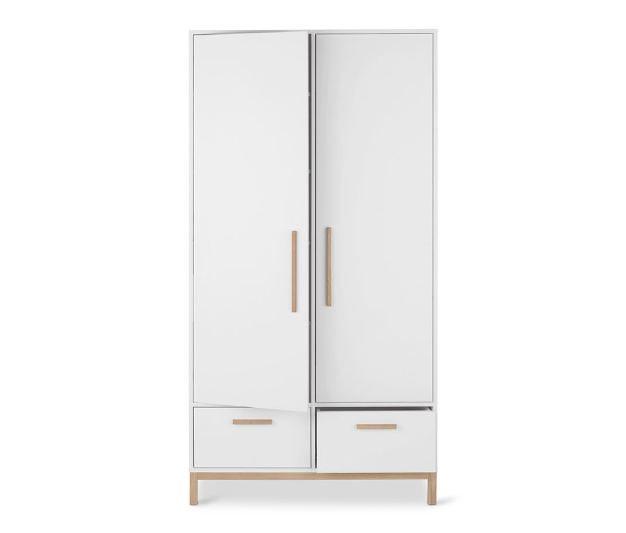 A fehér »Eklund« ruhásszekrény fiókokkal két ajtóval és két fiókkal rendelkezik.