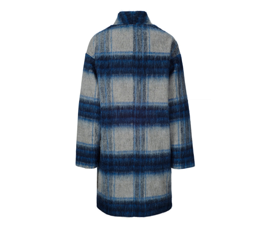 Kék és szürke kockás kabát.