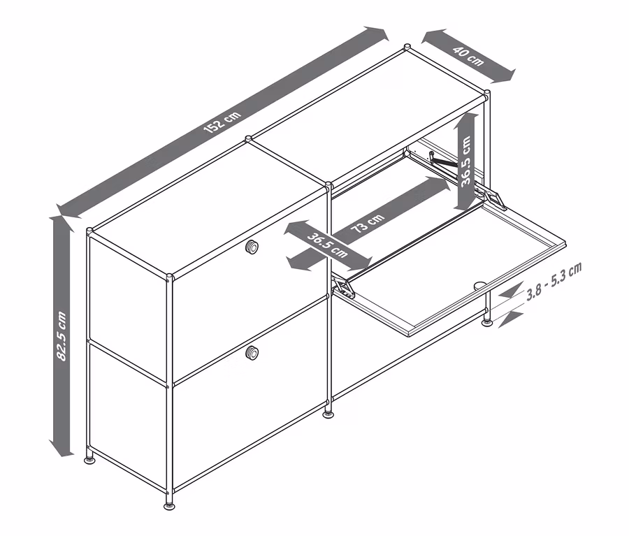 A fém komód (2x2, 4 ajtóval) rajza méretekkel.