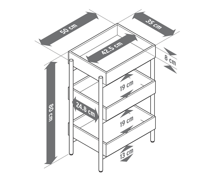 Egy háromszintes álló polc vázlata, a méretekkel.
