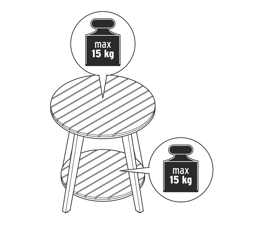 Fekete-fehér rajz egy »Lenja« 2 szintes kisasztalról, maximum 15 kg terhelhetőséggel.