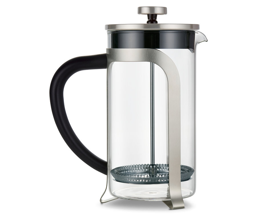 Egy ezüst színű, 800 ml-es, 6 csészés dugattyús kávéfőző.