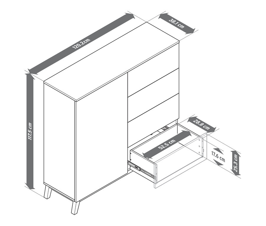 Komód rajza nyitott fiókkal és kiemelt méretekkel.