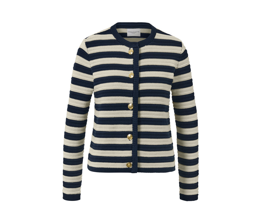 Csíkos, strukturált kötésű kardigán gombokkal.