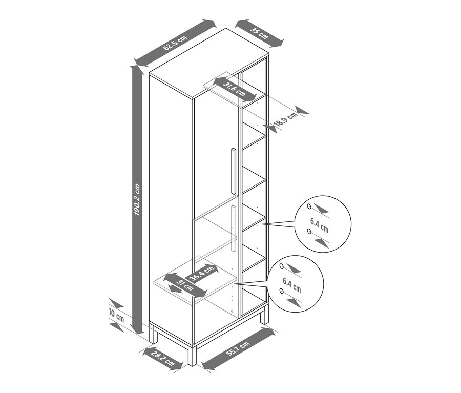 Egy magas fürdőszobai szekrény rajza oldalsó rekesszel és méretekkel.