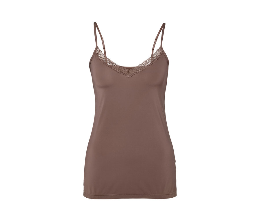 Mogyorószínű, csipkés női trikó vékony pántokkal.