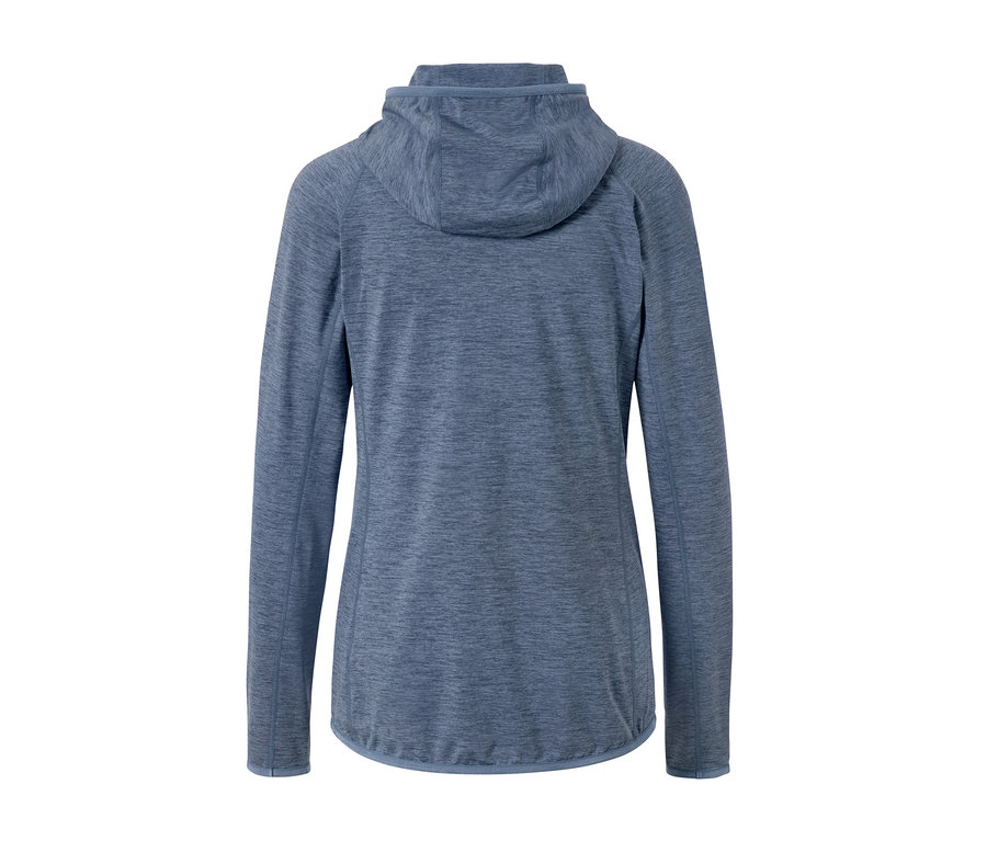 Hátulnézet a melírozott kék női sportfelsőről.