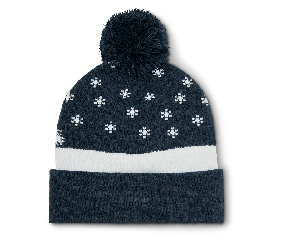 Sötétkék kötött sapka fehér hópihékkel és pomponnal.