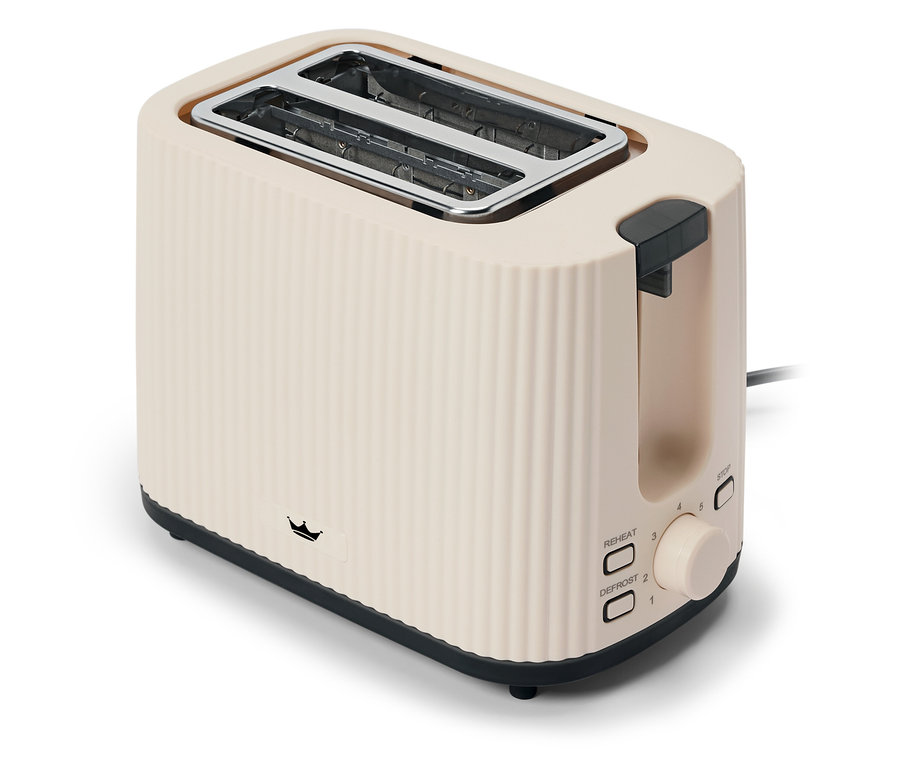 Krémszínű kenyérpirító bordázott dizájnnal és fekete díszítéssel.