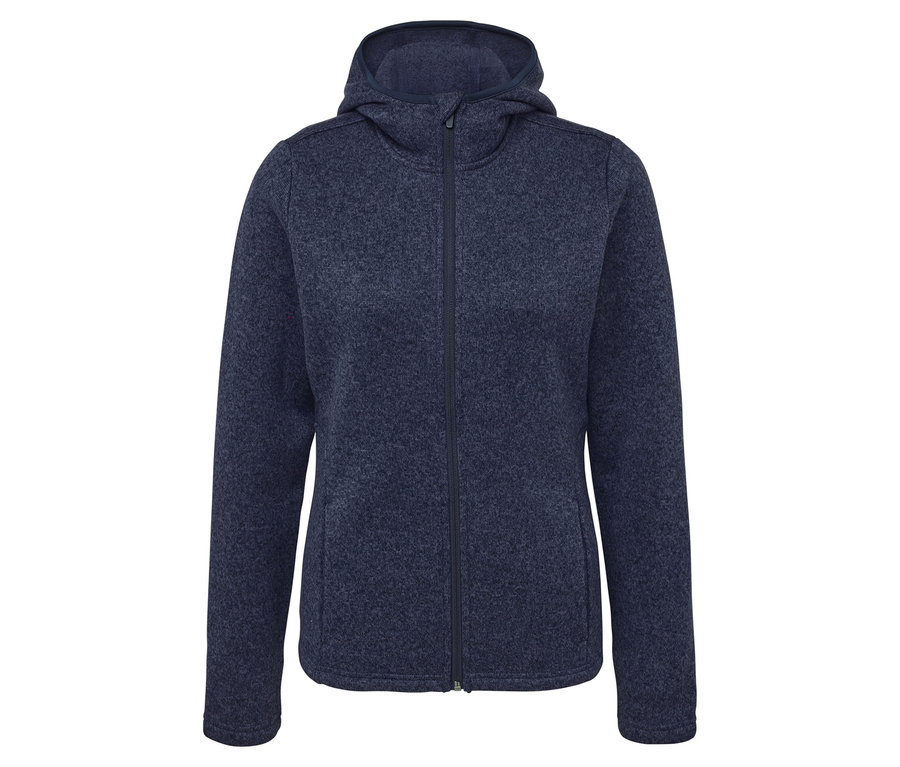 Sötétkék polár pulóver kapucnival és cipzárral középen.