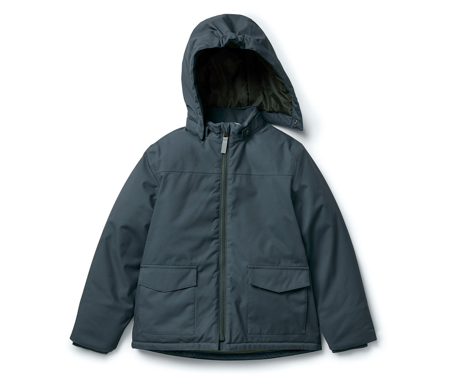 Kék kabát kapucnival és cipzárral középen.