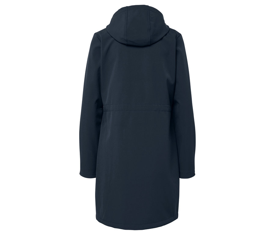 Sötétkék kapucnis kabát, hátulnézet.