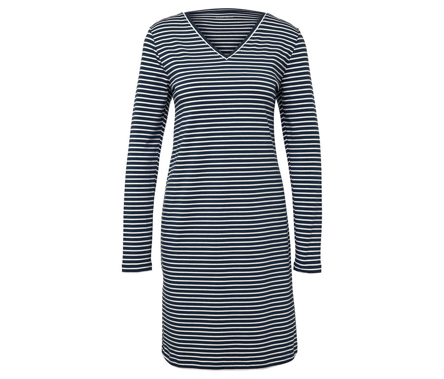 Kék-fehér csíkos, hosszú ujjú ruha V-nyakkivágással.